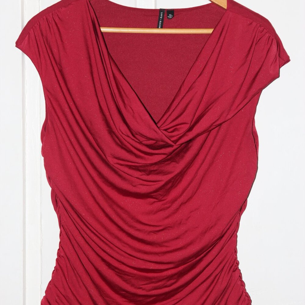 Elegant XL Red And Subtle Gold Ruched And Draped Women's Blouse